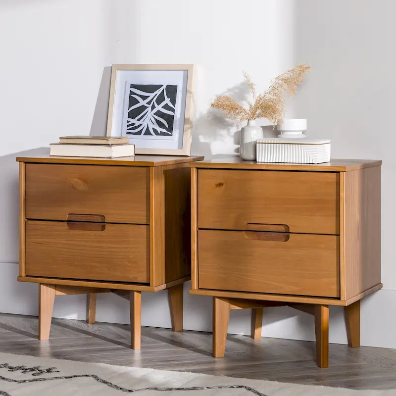 Table de chevet en bois massif du milieu du siècle à 2 tiroirs, lot de 2