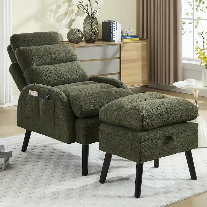 Fauteuil d'appoint avec dossier réglable et pouf de rangement