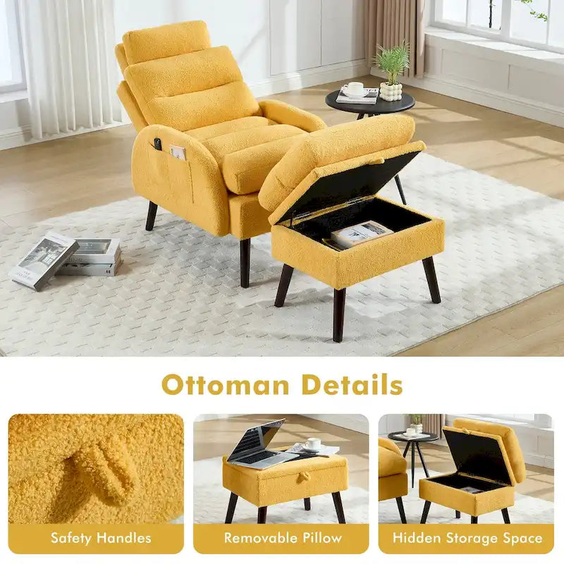 Fauteuil d'appoint avec dossier réglable et pouf de rangement