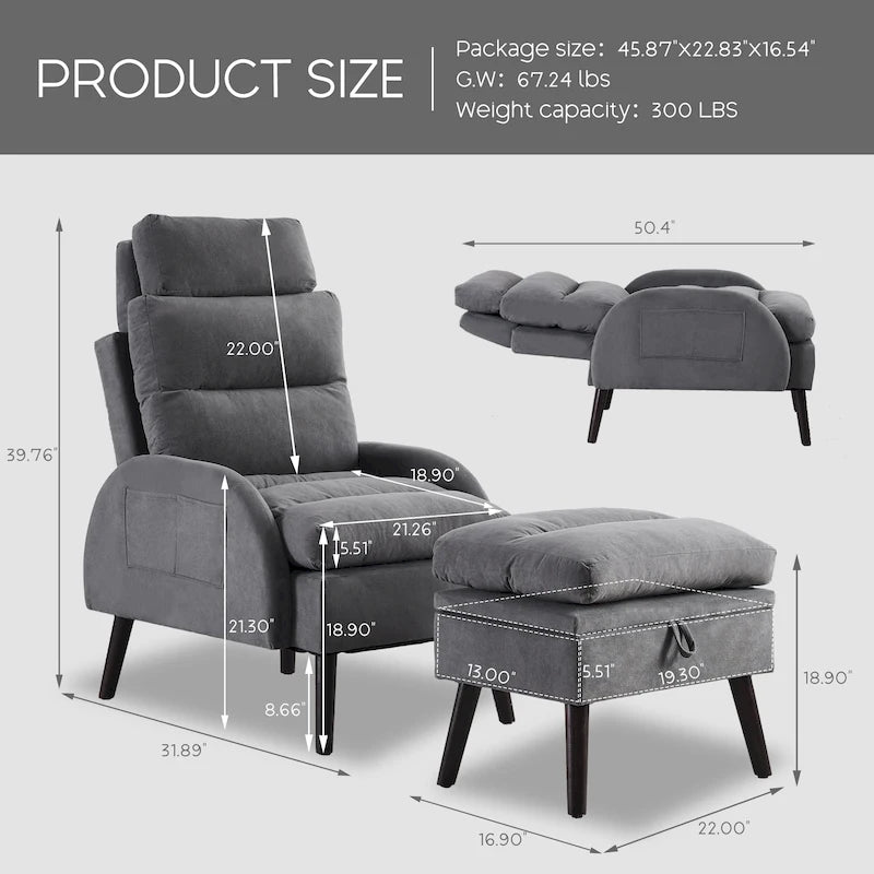 Fauteuil d'appoint avec dossier réglable et pouf de rangement