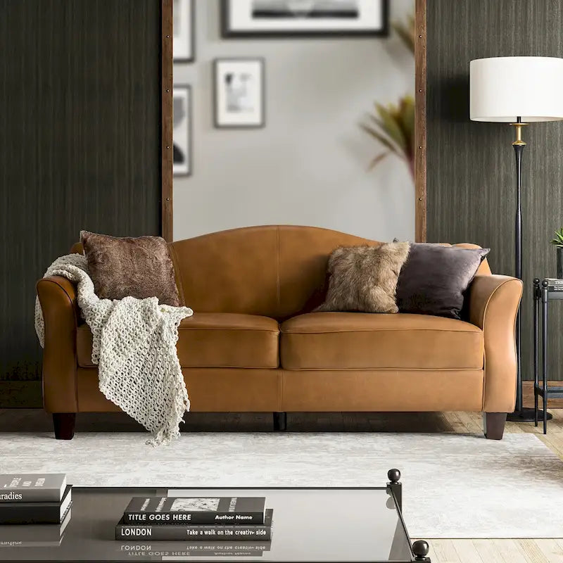 Canapé 81,5 po en cuir véritable classique avec pieds en bois massif