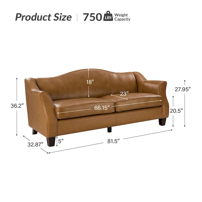 Canapé 81,5 po en cuir véritable classique avec pieds en bois massif
