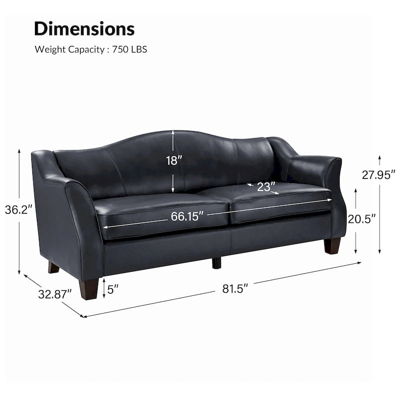 Canapé 81,5 po en cuir véritable classique avec pieds en bois massif