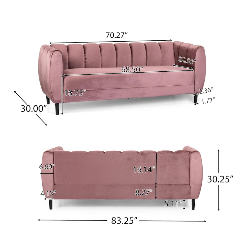 Canapé 3 places moderne en velours - 76,20 P x 211,46 L x 76,84 H