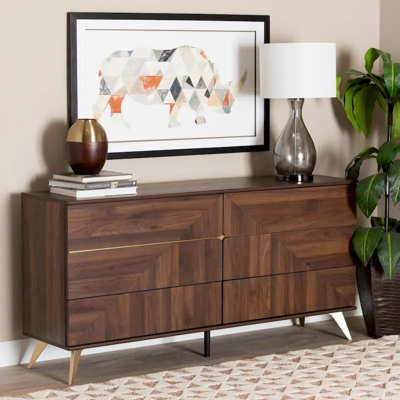 Commode 6 tiroirs en bois fini noyer marron de style transitionnel moderne du milieu du siècle