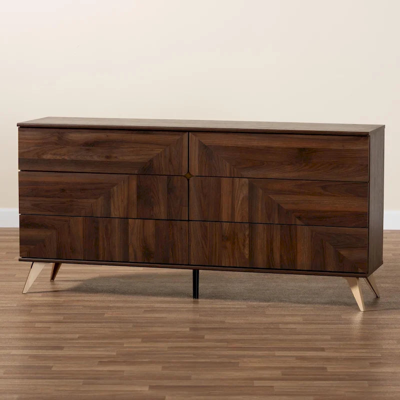 Commode 6 tiroirs en bois fini noyer marron de style transitionnel moderne du milieu du siècle
