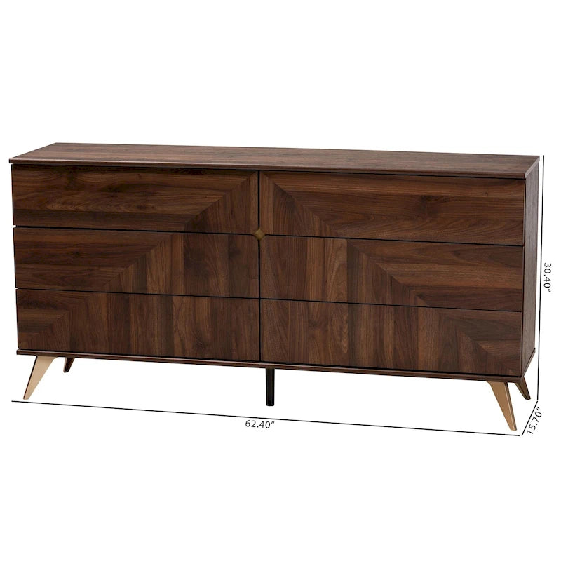 Commode 6 tiroirs en bois fini noyer marron de style transitionnel moderne du milieu du siècle