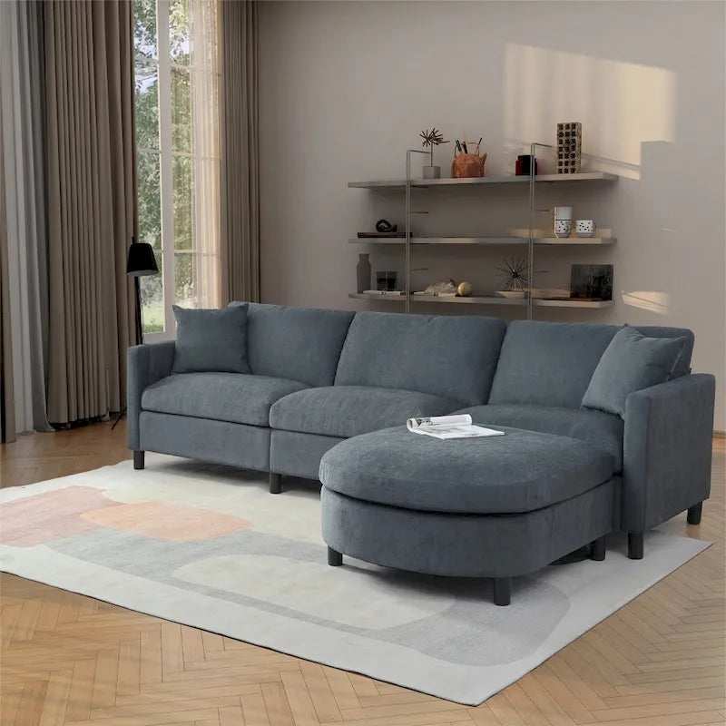 Canapé 3 places en mousse Elegance avec coussins décoratifs et pouf pour salon