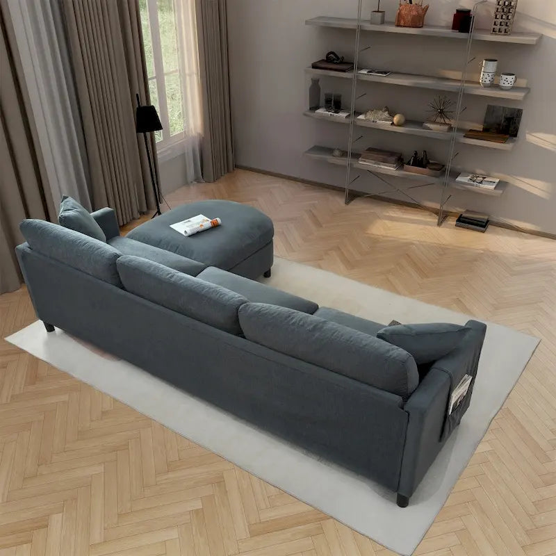 Canapé 3 places en mousse Elegance avec coussins décoratifs et pouf pour salon