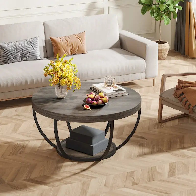 Table basse ronde de 31,7 pouces, table d'appoint rustique à 2 niveaux avec étagères de rangement ouvertes