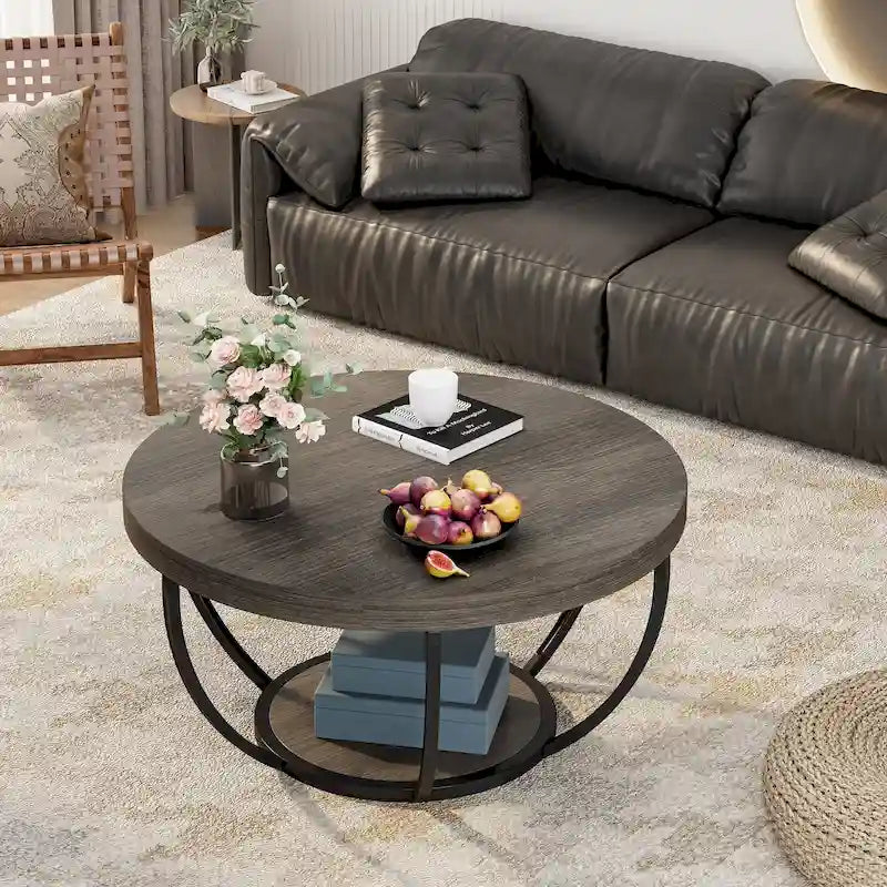 Table basse ronde de 31,7 pouces, table d'appoint rustique à 2 niveaux avec étagères de rangement ouvertes