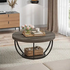 Table basse ronde de 31,7 pouces, table d'appoint rustique à 2 niveaux avec étagères de rangement ouvertes