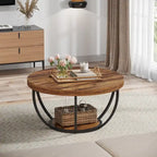 Table basse ronde de 31,7 pouces, table d'appoint rustique à 2 niveaux avec étagères de rangement ouvertes