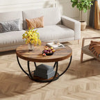 Table basse ronde de 31,7 pouces, table d'appoint rustique à 2 niveaux avec étagères de rangement ouvertes