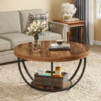 Table basse ronde de 31,7 pouces, table d'appoint rustique à 2 niveaux avec étagères de rangement ouvertes