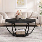 Table basse ronde de 31,7 pouces, table d'appoint rustique à 2 niveaux avec étagères de rangement ouvertes