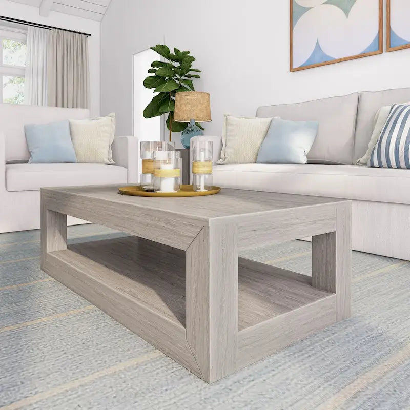 Table basse rectangulaire moderne Plank and Beam avec étagère