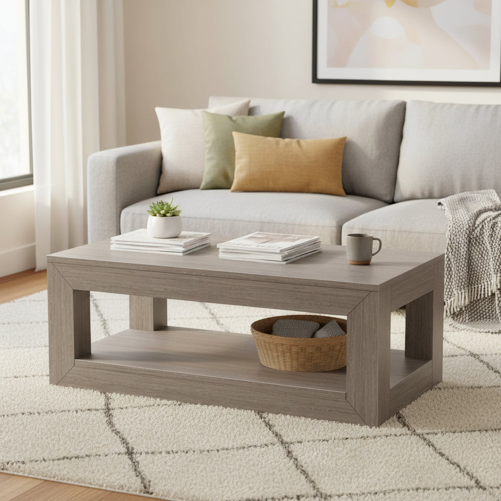 Table basse rectangulaire moderne Plank and Beam avec étagère