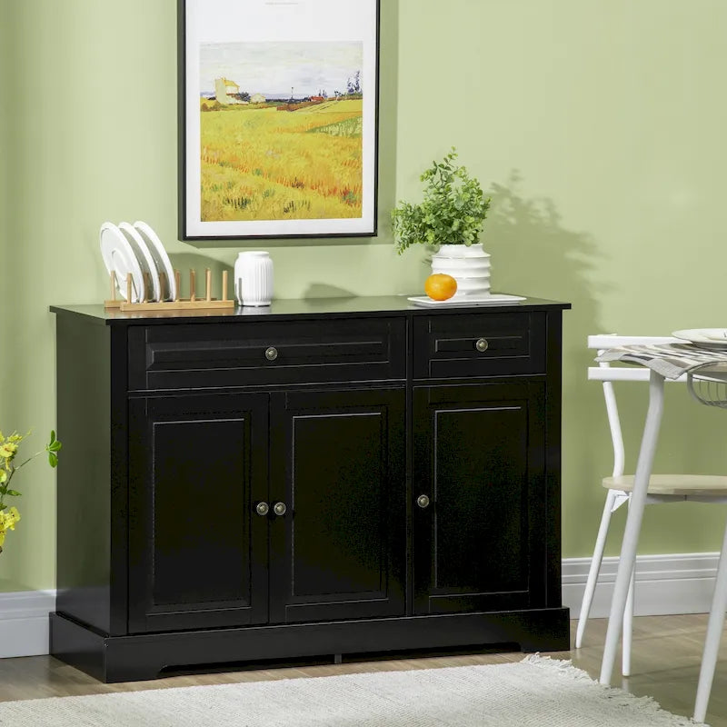Bahut de rangement moderne avec placards, 2 tiroirs et étagères réglables, noir