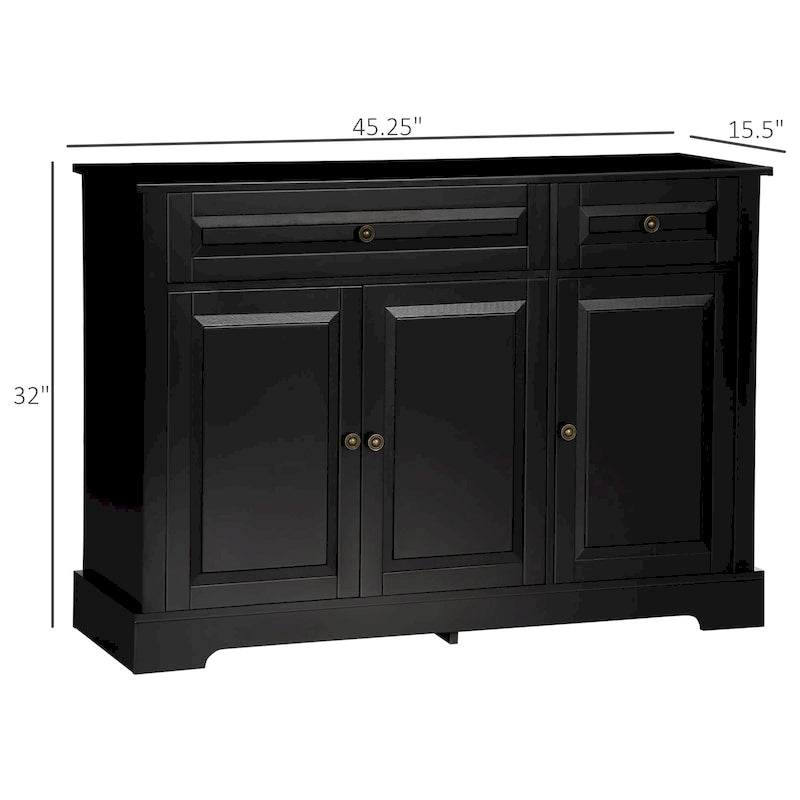 Bahut de rangement moderne avec placards, 2 tiroirs et étagères réglables, noir