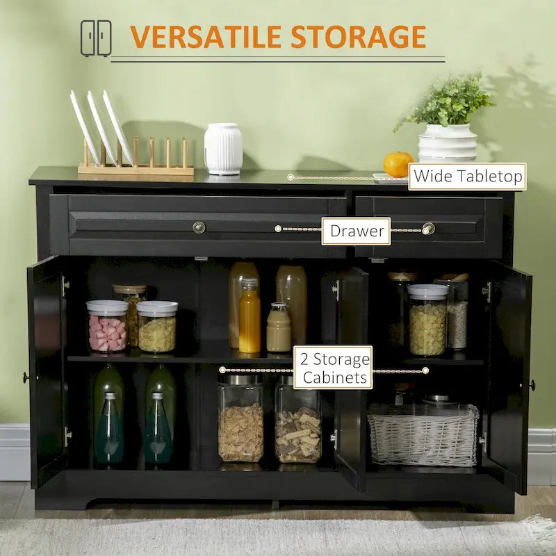 Bahut de rangement moderne avec placards, 2 tiroirs et étagères réglables, noir