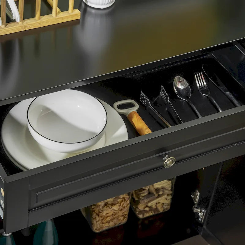 Bahut de rangement moderne avec placards, 2 tiroirs et étagères réglables, noir