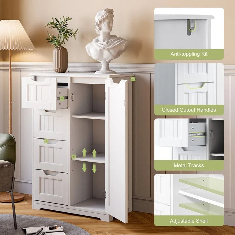 Meuble de rangement de salle de bain sur pied avec 4 tiroirs et une étagère réglable