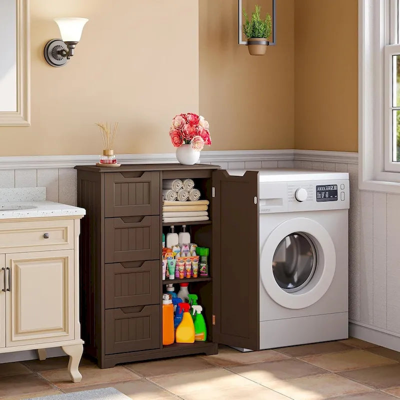 Meuble de rangement de salle de bain sur pied avec 4 tiroirs et une étagère réglable