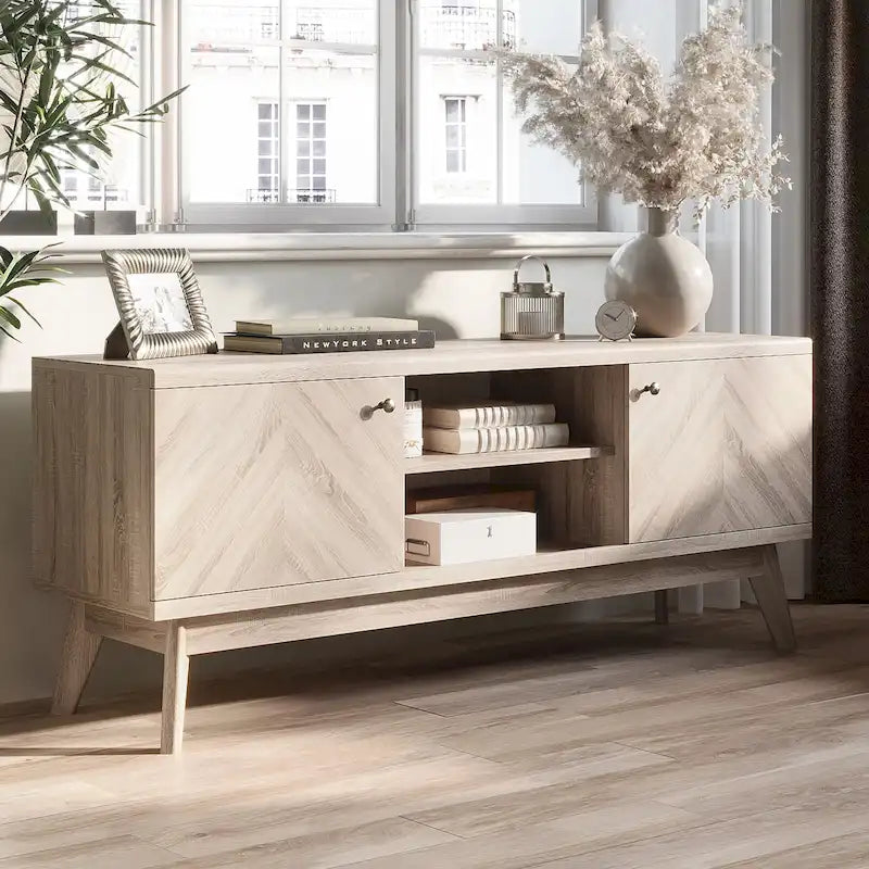 Meuble TV moderne à chevrons pour téléviseur jusqu'à 65 pouces avec pieds en bois