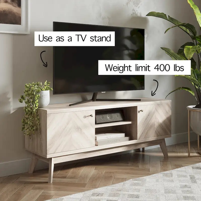 Meuble TV moderne à chevrons pour téléviseur jusqu'à 65 pouces avec pieds en bois