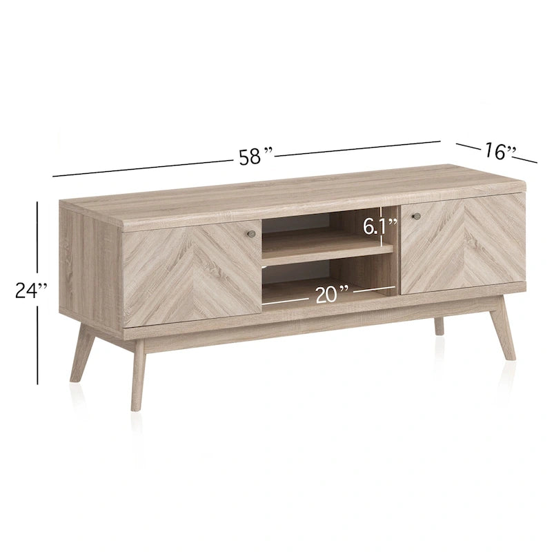 Meuble TV moderne à chevrons pour téléviseur jusqu'à 65 pouces avec pieds en bois