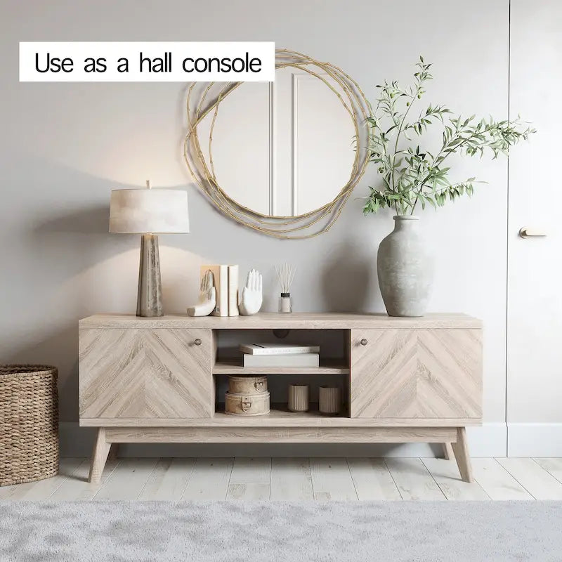 Meuble TV moderne à chevrons pour téléviseur jusqu'à 65 pouces avec pieds en bois