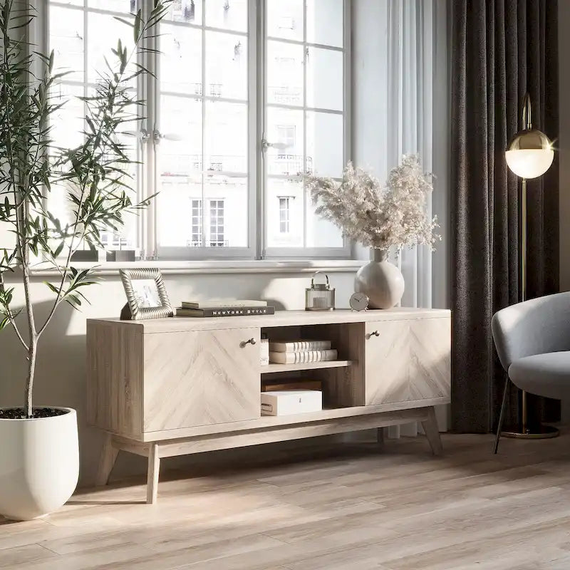 Meuble TV moderne à chevrons pour téléviseur jusqu'à 65 pouces avec pieds en bois