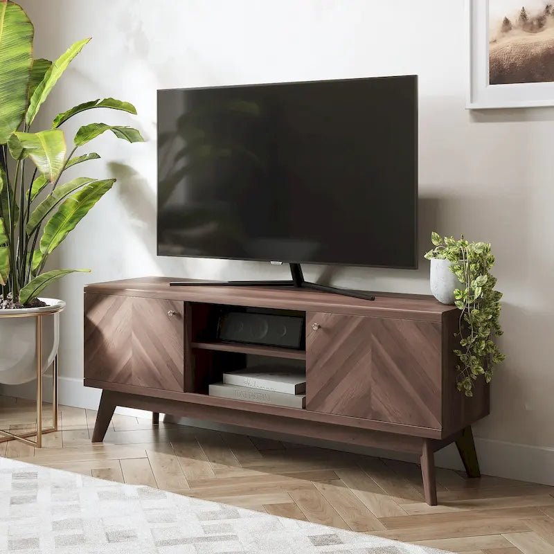 Meuble TV moderne à chevrons pour téléviseur jusqu'à 65 pouces avec pieds en bois