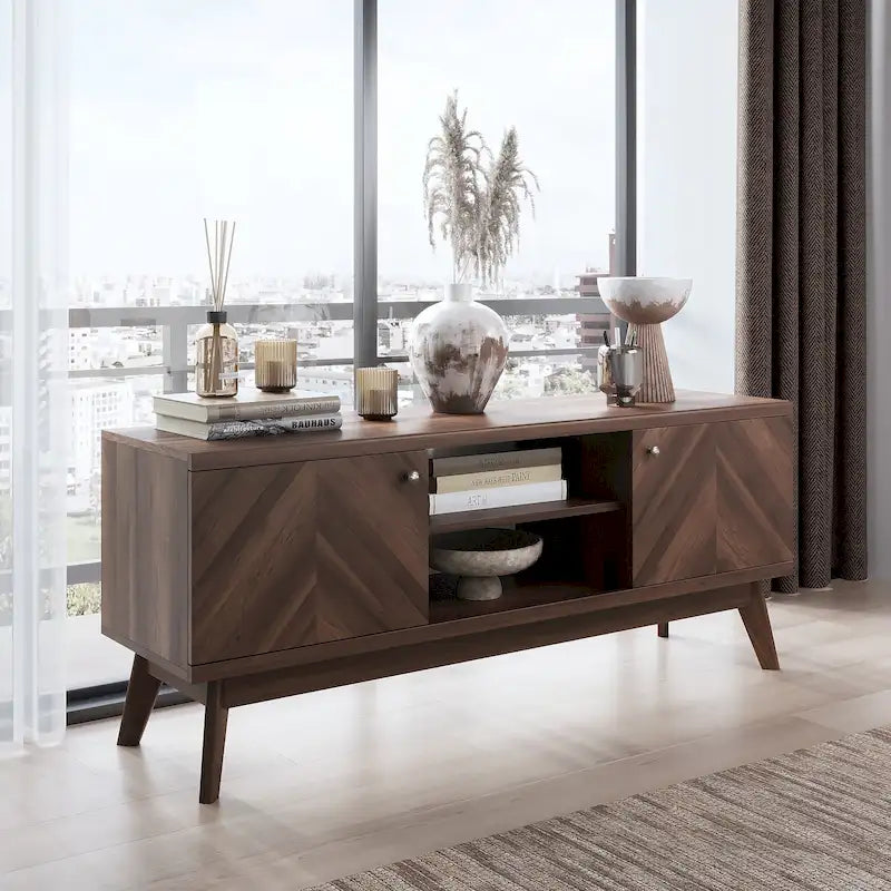 Meuble TV moderne à chevrons pour téléviseur jusqu'à 65 pouces avec pieds en bois