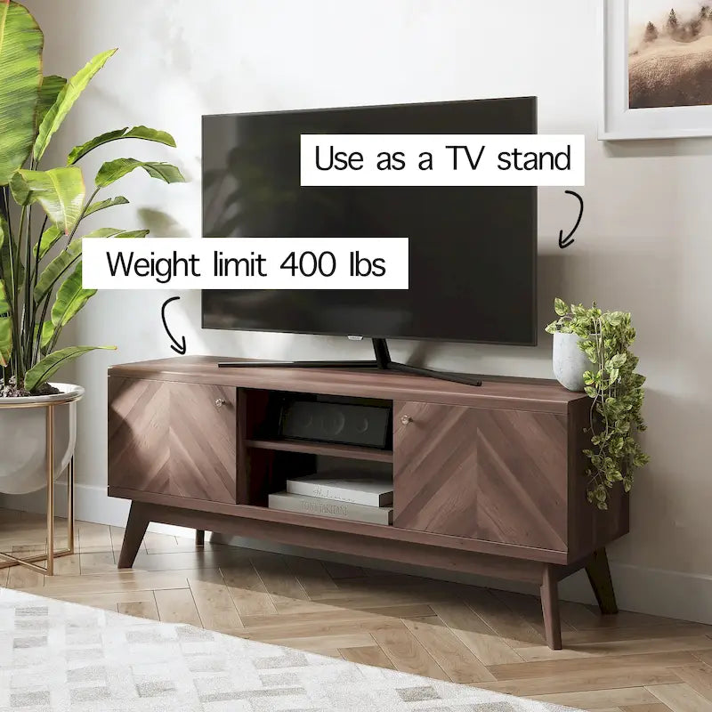 Meuble TV moderne à chevrons pour téléviseur jusqu'à 65 pouces avec pieds en bois