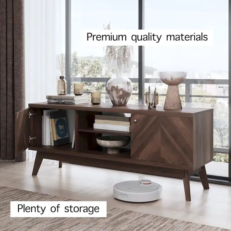 Meuble TV moderne à chevrons pour téléviseur jusqu'à 65 pouces avec pieds en bois