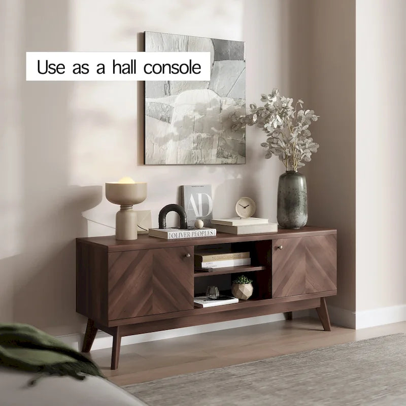 Meuble TV moderne à chevrons pour téléviseur jusqu'à 65 pouces avec pieds en bois