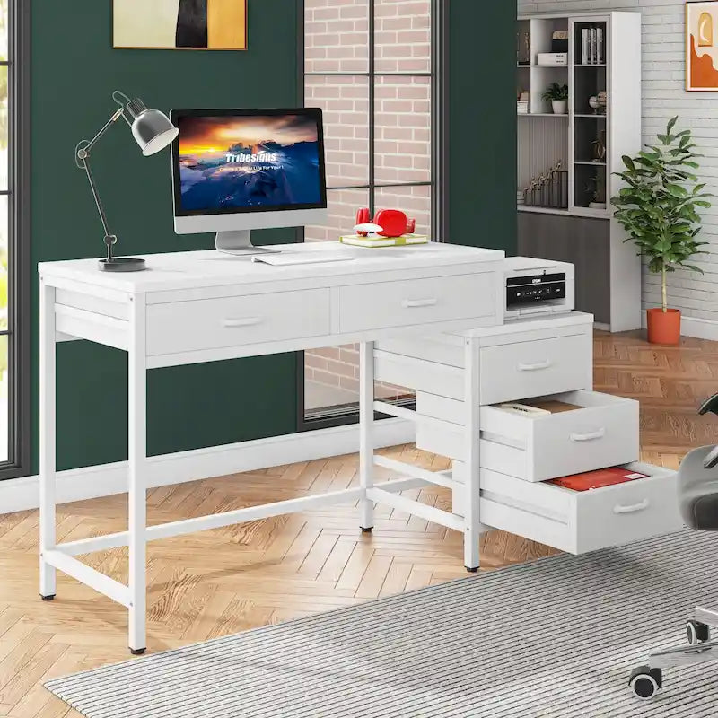 Bureau réversible avec 5 tiroirs, Bureau d'ordinateur de maison avec tiroir classeur et support d'imprimante
