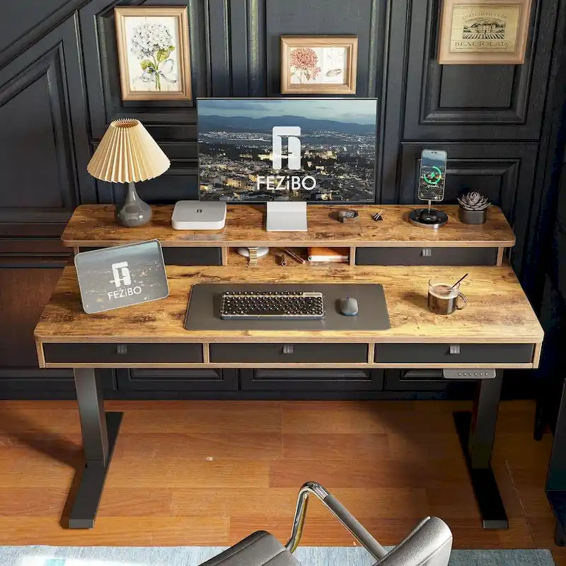 Bureau debout électrique réglable en hauteur avec 5 tiroirs, table avec étagère de rangement, bureau assis-debout