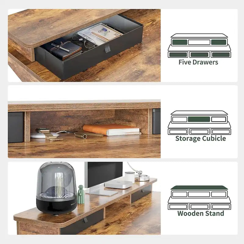 Bureau debout électrique réglable en hauteur avec 5 tiroirs, table avec étagère de rangement, bureau assis-debout