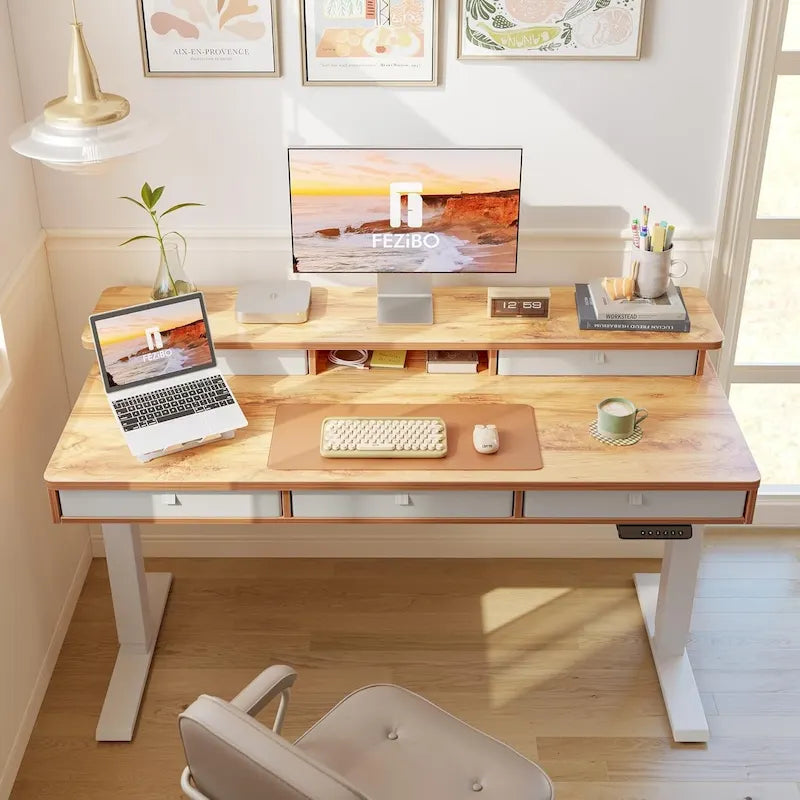 Bureau debout électrique réglable en hauteur avec 5 tiroirs, table avec étagère de rangement, bureau assis-debout