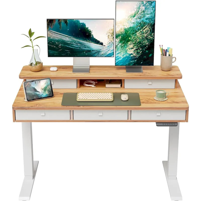 Bureau debout électrique réglable en hauteur avec 5 tiroirs, table avec étagère de rangement, bureau assis-debout