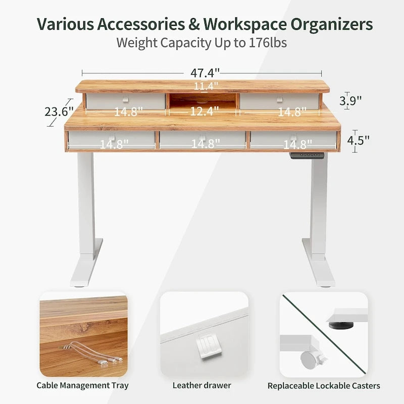 Bureau debout électrique réglable en hauteur avec 5 tiroirs, table avec étagère de rangement, bureau assis-debout