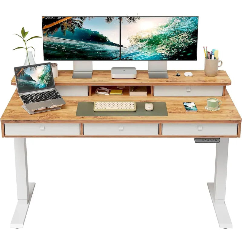 Bureau debout électrique réglable en hauteur avec 5 tiroirs, table avec étagère de rangement, bureau assis-debout
