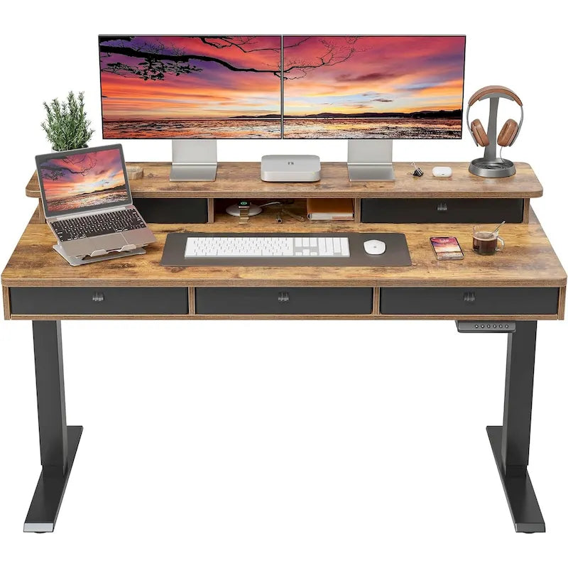 Bureau debout électrique réglable en hauteur avec 5 tiroirs, table avec étagère de rangement, bureau assis-debout