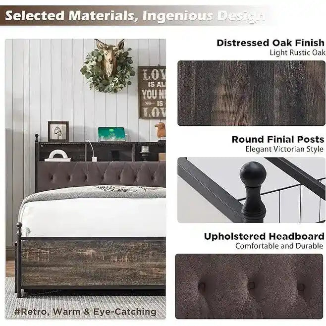 Cadre de lit King Size avec lumières LED, station de charge et 4 tiroirs