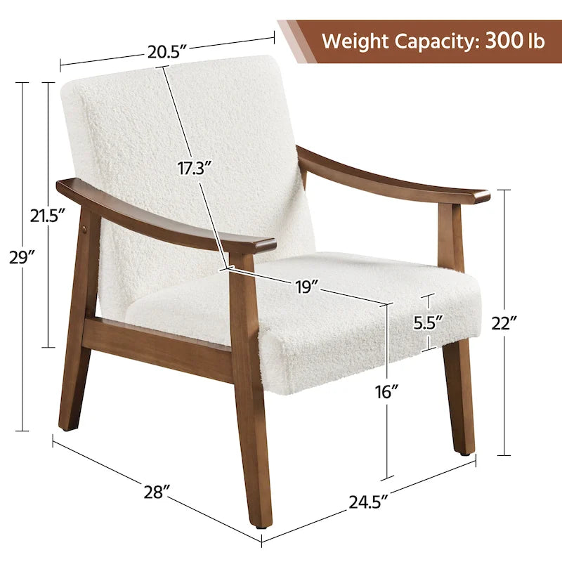 Fauteuil d'appoint rembourré en bouclette avec pieds en bois massif - 24,5 L 28 P 29 H