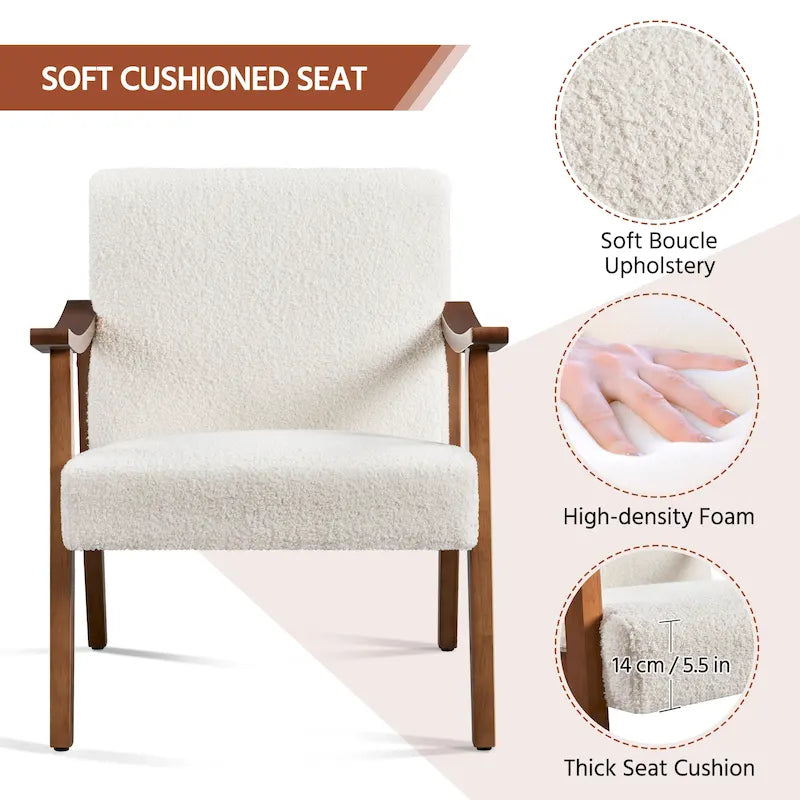 Fauteuil d'appoint rembourré en bouclette avec pieds en bois massif - 24,5 L 28 P 29 H