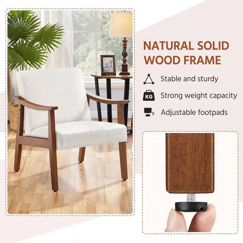 Fauteuil d'appoint rembourré en bouclette avec pieds en bois massif - 24,5 L 28 P 29 H